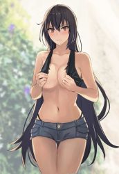 1girl alternate_costume black_hair blue_shorts blush breasts brown_eyes closed_mouth collarbone covering_privates covering_breasts cowboy_shot denim denim_shorts frown hair_between_eyes highres kantai_collection kasumi_(skchkko) large_breasts long_hair nagato_(kancolle) navel short_shorts shorts solo torn_clothes very_long_hair