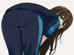 Rule 34 | 1girl, ass, ass focus, bent over, black pants, blush, brown hair, commentary request, from behind, green eyes, grey background, idolmaster, idolmaster cinderella girls, long hair, looking at viewer, looking back, naitou kouse, pants, pantylines, shibuya rin, short sleeves, simple background, solo, thigh gap, track pants, track suit, very long hair