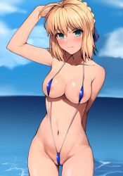 Rule 34 | 1girl, ahoge, ai-assisted, alternate costume, annoyed, arm behind back, arm up, artoria pendragon (all), artoria pendragon (fate), beach, bikini, blonde hair, blue bikini, blush, braid, breasts, closed mouth, fate/stay night, fate (series), frown, green eyes, haruhisky, highres, looking at viewer, medium breasts, navel, outdoors, ribbon, saber (fate), short hair, sidelocks, slingshot swimsuit, solo, standing, swimsuit