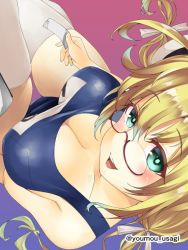 Rule 34 | 10s, 1girl, aqua eyes, blonde hair, blush, book, bookmark, breasts, cleavage, collarbone, from above, glasses, hat, i-8 (kancolle), kantai collection, large breasts, long hair, looking at viewer, open mouth, pink background, purple background, school swimsuit, sitting, solo, swimsuit, taut clothes, taut swimsuit, teeth, thighhighs, twintails, twitter username, two-tone background, white hat, white thighhighs, youmou usagi