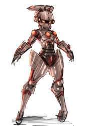 Rule 34 | 1girl, full body, glowing, glowing eyes, highres, joints, maniacpaint, no mouth, orange eyes, original, robot, robot joints, simple background, sketch, solo