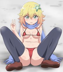 Rule 34 | 1girl, ass, bare arms, bare shoulders, bikini, black thighhighs, blonde hair, breasts, cameltoe, covered erect nipples, female focus, flower, full body, gabriel dropout, green eyes, hair between eyes, hair flower, hair ornament, leaning back, looking at viewer, medium breasts, micro bikini, navel, open mouth, red bikini, scarf, shiny skin, shoe soles, shoes, sincos, sitting, solo, swimsuit, tapris chisaki sugarbell, thighhighs, v