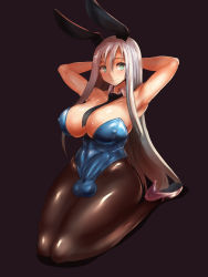 Rule 34 | 1girl, animal ears, armpits, arms up, black legwear, black necktie, blue leotard, breasts, bulge, cleavage, closed mouth, covered erect nipples, covered testicles, erection, erection under clothes, fake animal ears, full body, futanari, green eyes, hair between eyes, high heels, highleg, highleg leotard, highres, large breasts, leotard, long hair, looking at viewer, necktie, neckwear between breasts, original, penis, playboy bunny, rabbit ears, sidelocks, silver hair, smile, solo, sweat, testicles, ubanis, very long hair