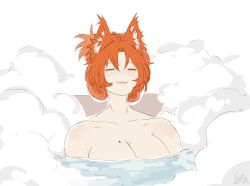 Rule 34 | 1girl, :3, = =, animal ears, breasts, cat ears, closed eyes, cloud ya, collarbone, commentary, folded hair, honkai (series), honkai impact 3rd, kemonomimi mode, large breasts, murata himeko, nude, partially submerged, red hair, simple background, smile, solo, steam, water, white background