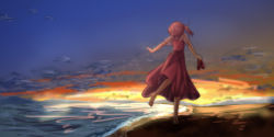 Rule 34 | 1girl, barefoot, beach, blue sky, blurry, cloud, commentary, depth of field, dress, english commentary, facing away, facing to the side, from behind, head tilt, highres, holding, holding shoes, ocean, outdoors, outstretched arms, red dress, red hair, sara (touhou), shoes, unworn shoes, short hair, short sleeves, shounen (hogehoge), side ponytail, sky, solo, spread arms, sunset, touhou, touhou (pc-98), twilight, walking, walking away