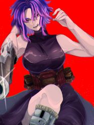 Rule 34 | 1girl, arm cannon, armpits, bare shoulders, belt, belted dress, black dress, blue hair, boku no hero academia, boots, breasts, clenched hand, collarbone, disgust, dress, eyebrows, eyelashes, female focus, fighting stance, fingernails, gun, hand up, highres, knee up, lady nagant, large breasts, looking at viewer, medium hair, multicolored hair, neck, open mouth, parted bangs, pink eyes, pink hair, pointing, pointing at viewer, red background, rifle, shiny clothes, sidelocks, simple background, sleeveless, sleeveless dress, sniper rifle, standing, standing on one leg, turtleneck, turtleneck dress, two-tone hair, utility belt, weapon