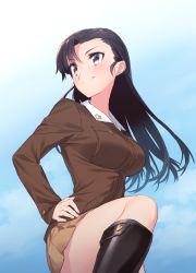 Rule 34 | 10s, 1girl, black footwear, black hair, blew andwhite, blue sky, boots, breasts, chi-hatan military uniform, cloud, day, female focus, girls und panzer, grey eyes, highres, jacket, knee boots, large breasts, long hair, military, military uniform, nishi kinuyo, skirt, sky, smile, solo, uniform, very long hair