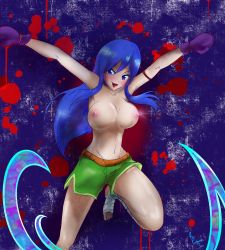 Rule 34 | absurdres, bandages, blood, blood stain, blue eyes, blue hair, boxer, boxing gloves, breasts, dracula man (dragonball), dragon ball, fairy tail, flatpancakesjim, highres, jumping, juvia lockser, large breasts, long hair, nipples, open mouth, shorts, smile, tape, vampire