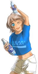 Rule 34 | 1girl, artist name, artist request, blue eyes, blue shirt, blush, bottle, female focus, grey hair, highres, holding, holding bottle, light brown hair, looking at viewer, love live!, love live! sunshine!!, mud butler, one eye closed, pants, parted lips, shirt, short hair, short shorts, shorts, smile, solo, watanabe you, white background, white pants, white shorts