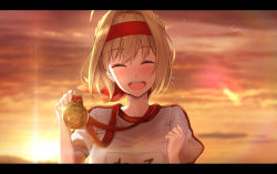 Rule 34 | 1girl, ^ ^, ahoge, blonde hair, blush, closed eyes, evening, facing viewer, fate/grand order, fate (series), gym shirt, gym uniform, hair intakes, headband, highres, lens flare, letterboxed, medal, name tag, nero claudius (fate), nero claudius (fate) (all), nero claudius (fate/extra), nero claudius (olympian bloomers) (fate), official alternate costume, open mouth, shirt, sidelocks, smile, solo, teeth, untue, upper body