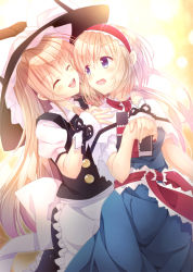 Rule 34 | 2girls, :d, ^ ^, akane hazuki, alice margatroid, apron, black dress, blonde hair, blue dress, blue eyes, bow, capelet, dress, closed eyes, grimoire of alice, hairband, hand on another&#039;s shoulder, hat, hat bow, kirisame marisa, lolita hairband, long hair, multiple girls, open mouth, puffy short sleeves, puffy sleeves, round teeth, sash, shirt, short hair, short sleeves, smile, teeth, touhou, very long hair, waist apron, witch hat, wrist cuffs