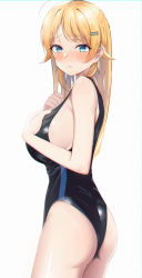 Rule 34 | 1girl, ahoge, aqua eyes, ashulunlun, ass, blonde hair, blush, breasts, competition swimsuit, embarrassed, expressionless, furrowed brow, hachimiya meguru, hair ornament, hairpin, hand on own chest, highres, idolmaster, idolmaster shiny colors, large breasts, long hair, looking at viewer, one-piece swimsuit, sideboob, simple background, solo, straight hair, sweatdrop, swimsuit, white background