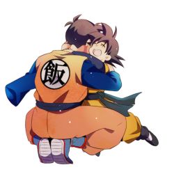 Rule 34 | 2boys, age difference, amputee, back turned, black hair, boots, brothers, child, closed eyes, dougi, dragon ball, dragonball z, full body, happy, hug, kneeling, long sleeves, male focus, multiple boys, open mouth, out of frame, rochiko (bgl6751010), siblings, simple background, size difference, smile, son gohan, son gohan (future), son goten, spiked hair, time paradox, white background