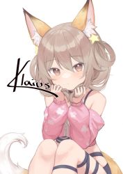 Rule 34 | 1girl, absurdres, animal ear fluff, animal ears, annytf, artist name, bare shoulders, brown eyes, closed mouth, commentary, commission, detached sleeves, english commentary, fox ears, fox girl, fox tail, hair between eyes, hair ornament, hair ribbon, highres, indie virtual youtuber, klaius, light brown hair, looking at viewer, medium hair, puffy detached sleeves, puffy sleeves, ribbon, simple background, solo, star (symbol), star hair ornament, star in eye, symbol in eye, tail, thigh strap, virtual youtuber, white background