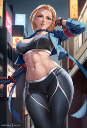 Rule 34 | 1girl, abs, arm behind head, blonde hair, blue eyes, breasts, cammy white, choker, cowboy shot, crop top, cropped jacket, exlic, fingerless gloves, forehead, from below, gloves, highres, large breasts, linea alba, lips, looking at viewer, medium hair, midriff, mma gloves, navel, nose, pants, smile, solo, street fighter, street fighter 6, thigh gap, tight clothes, tight pants