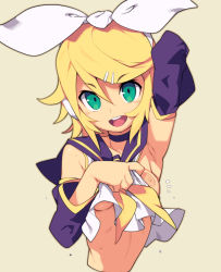 Rule 34 | 1girl, :d, blonde hair, breasts, brown background, commentary request, detached sleeves, green eyes, hair between eyes, hair ornament, hairband, hairclip, inverted nipples, kagamine rin, looking at viewer, medium breasts, metata, open mouth, purple sailor collar, purple sleeves, sailor collar, short hair, simple background, smile, solo, teeth, upper body, upper teeth only, vocaloid, white hairband