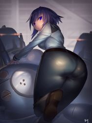 Rule 34 | 1girl, alice gear aegis, ass, ass focus, belt, blue eyes, closed mouth, crossover, eyebrows hidden by hair, hiro763, looking at viewer, looking back, mecha, ohtori kasumi, pants, pantylines, purple hair, robot, shoes, signature, solo, uniform