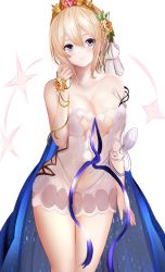 Rule 34 | 1girl, absurdres, bare shoulders, blonde hair, blue eyes, blue ribbon, blush, breasts, cape, center opening, cleavage, closed mouth, collarbone, dress, efuri (riarea00), europa (granblue fantasy), flower, granblue fantasy, hair between eyes, hair flower, hair ornament, hair ribbon, highres, hip focus, large breasts, looking at viewer, ribbon, short dress, short hair, simple background, smile, solo, thighs, tiara, white background, white dress, white ribbon