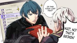 Rule 34 | 2boys, amazingartistyellow, arm guards, armor, artist name, blue eyes, blue hair, book, byleth (fire emblem), byleth (male) (fire emblem), english text, fire emblem, fire emblem: three houses, fire emblem awakening, flying sweatdrops, gameplay mechanics, hands up, highres, holding, holding book, looking at another, male focus, multiple boys, nintendo, open mouth, pink background, robin (fire emblem), robin (male) (fire emblem), shoulder armor, silver hair, simple background, sparkle, speech bubble, super smash bros., sweatdrop, upper body, v-shaped eyebrows