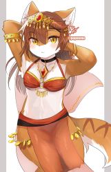 Rule 34 | 1girl, armlet, body fur, bracelet, brown eyes, brown fur, brown hair, choker, female focus, furry, furry female, gold, harem outfit, highres, jewelry, long hair, o-ring, o-ring top, original, pelvic curtain, pendant, po! (popoemo), sequins, solo, tail, twitter username, white background, white fur