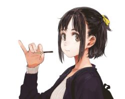 Rule 34 | 1girl, brown hair, eating, food, highres, holding, jun (navigavi), looking at viewer, original, pinky out, pocky, ponytail, short hair, solo