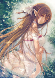 Rule 34 | 1girl, arm strap, ass, braid, breasts, brown hair, day, dutch angle, hair between eyes, highres, large breasts, long hair, looking at viewer, looking back, outdoors, panties, parted lips, red eyes, sideboob, skirt, solo, standing, sword art online, titania (sao), twitter username, underwear, very long hair, wading, wet, wet clothes, wet skirt, white panties, white skirt, yano takumi