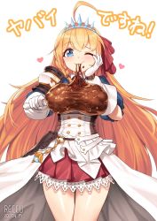Rule 34 | 1girl, ahoge, blonde hair, blue eyes, blush, bone, braid, breasts, commentary request, eating, eyelashes, food, gloves, hair between eyes, hair ribbon, hand on own cheek, hand on own face, heart, holding, holding bone, long hair, meat, one eye closed, orange hair, pecorine (princess connect!), princess connect!, reccu, red ribbon, ribbon, smile, solo, thighs, tiara, translation request, very long hair, white background