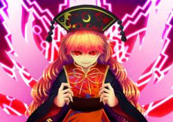 Rule 34 | 1girl, akaiha (akaihagusk), bad id, bad pixiv id, black dress, blonde hair, chinese clothes, dress, energy, evil grin, evil smile, fox tail, glaring, gradient background, grin, half-closed eyes, hand gesture, hat, junko (touhou), long hair, long sleeves, looking at viewer, multiple tails, obi, open mouth, red eyes, ribbon, sash, slit pupils, smile, solo, tabard, tail, touhou, very long hair, wide sleeves