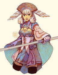 Rule 34 | 1girl, artist name, blue eyes, cape, curly hair, dress, gloves, grey hair, head wings, holding, holding staff, looking at viewer, manreeree, melia antiqua, open mouth, solo, staff, teeth, thighhighs, white gloves, wings, xenoblade chronicles (series), xenoblade chronicles 1