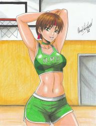 Rule 34 | 1girl, 2021, absurdres, acronym, armpits, arms behind head, bandana, basketball court, basketball uniform, breasts, brown hair, capcom, green eyes, headband, highres, large breasts, midriff, navel, ravernclouk design, rebecca chambers, resident evil, resident evil 0, seductive smile, shorts, signature, smile, solo, sports bra, sportswear, traditional media
