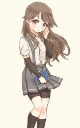 Rule 34 | 10s, 1girl, arashio (kancolle), arm warmers, bike shorts, blush, book, brown eyes, brown hair, kantai collection, long hair, looking at viewer, nuno (pppompon), pleated skirt, school uniform, skirt, solo, suspenders, white background