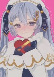 Rule 34 | 1girl, beret, blue eyes, blue gloves, blue hair, blue ribbon, blush, box, capelet, closed mouth, commentary, dress, fortissimo, fur-trimmed capelet, fur trim, gloves, gold trim, hair ornament, hair ribbon, hat, hatsune miku, heart, heart-shaped box, heart in eye, holding, holding box, light blue hair, long hair, looking at viewer, musical note, musical note hair ornament, pink background, ribbon, shinkie, solo, symbol in eye, twintails, valentine, very long hair, vocaloid, wavy mouth, white capelet, white dress, white hat, yuki miku, yuki miku (2021)