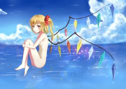 Rule 34 | 1girl, absurdres, blonde hair, day, eyelashes, flan (seeyouflan), flandre scarlet, full body, highres, knees together feet apart, looking at viewer, navel, nude, ocean, red eyes, reflection, side ponytail, sitting, slit pupils, solo, touhou, wings