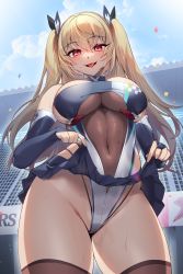 Rule 34 | 1girl, blonde hair, borrowed character, breasts, bridal gauntlets, clothes lift, covered navel, cowboy shot, fang, from below, hair between eyes, highleg, highleg leotard, highres, impossible clothes, large breasts, leotard, long hair, looking at viewer, maitei roppa, open mouth, outdoors, phantasy star, phantasy star online 2, race queen, red eyes, shinano (azur lane), shinano (moonlit chrome) (azur lane), sideboob, skirt, skirt lift, smile, solo, stadium, thighhighs, tongue, twintails