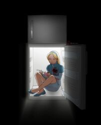 Rule 34 | 1girl, black background, blonde hair, blood, blood on clothes, blue dress, blue footwear, blue hairband, clgz sonic, closed eyes, closed mouth, commentary, dress, eating, english commentary, food, full body, hairband, highres, holding, holding food, holding spoon, ice cream, in container, in refrigerator, long hair, long sleeves, maria robotnik, refrigerator, sitting, solo, sonic (series), spoon, twitter username