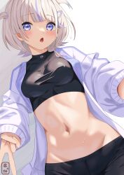 Rule 34 | 1girl, absurdres, black shirt, blonde hair, blush, coat, cropped shirt, hair ornament, hairpin, highres, hololive, hololive dev is, looking at viewer, multicolored hair, navel, open mouth, purple eyes, purple hair, shirt, short hair, solo, sskmsss, streaked hair, sweat, todoroki hajime, two side up, v, virtual youtuber, white coat