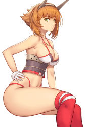 Rule 34 | 1girl, bikini, blush, breasts, brown hair, closed mouth, commentary request, gloves, green eyes, hairband, hand on own hip, headgear, highres, kantai collection, large breasts, looking at viewer, mutsu (kancolle), navel, radio antenna, red thighhighs, revision, short hair, simple background, sitting, solo, swimsuit, thighhighs, thighs, tsuki suigetsu, white background, white bikini, white gloves