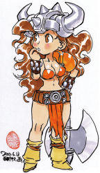 Rule 34 | 1girl, armor, axe, belt, belt skirt, bikini, bikini top only, blush, boots, breasts, brown eyes, brown hair, capcom, cleavage, dated, fake horns, finger to mouth, full body, gaia master, hand on own hip, helmet, horned helmet, horns, large breasts, loincloth, long hair, looking to the side, meg-meg the warrior, narrow waist, navel, nishimura kinu, official art, parted lips, pauldrons, shoulder armor, signature, simple background, solo, spiked helmet, standing, swimsuit, traditional media, vambraces, very long hair, wavy hair, weapon, white background, wide hips