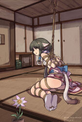 Rule 34 | 1girl, absurdres, ainu clothes, animal ears, arms behind back, artist name, bare legs, bdsm, bondage, bound, bound toes, bow, chest sarashi, clenched teeth, clothes down, clothes lift, covered erect nipples, crotch rope, eruruu, flower, from side, green hair, hair ornament, hair tubes, highres, indoors, long hair, looking back, nero augustus, off shoulder, on floor, panties, ponytail, ring hair ornament, rope, sarashi, shibari, sidelocks, soles, suspension, sweat, tabi, tail, tatami, teeth, underwear, utawarerumono, vase, yellow eyes