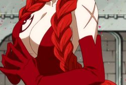 Rule 34 | 1girl, animated, animated gif, bare shoulders, braid, breast tattoo, breasts, cleavage, elbow gloves, fairy tail, female focus, flare corona, gloves, large breasts, long hair, lowres, red eyes, red hair, scar, solo, tattoo
