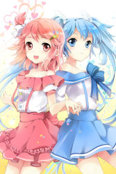 Rule 34 | 2girls, bare shoulders, blue eyes, blue hair, blush, bow, collarbone, grin, hair ornament, hairpin, holding hands, heart, long hair, lowres, m-ca, mca (dessert candy), multiple girls, open mouth, pink eyes, pink hair, ribbon, short hair, skirt, smile, striped, sword girls, twintails, very long hair