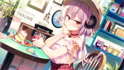 Rule 34 | 1girl, :t, arm support, text background, bad id, bad pixiv id, bare shoulders, black choker, blush, book, bookshelf, brown eyes, chair, choker, closed mouth, commentary request, cup, curled horns, drinking glass, dutch angle, english text, food, hair between eyes, head in hand, head rest, highres, horns, long hair, looking at viewer, looking to the side, off-shoulder shirt, off shoulder, original, pancake, pancake stack, plaid, plaid skirt, plate, pout, purple hair, red skirt, rolling suitcase, shirt, shnva, sitting, skirt, solo, suitcase, table, very long hair, watch, white shirt, wristwatch
