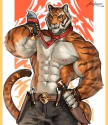 Rule 34 | 1boy, abs, absurdres, alexxxnttt, animal ears, bara, cowboy shot, dagger, fortnite, furry, furry male, highres, knife, large pectorals, looking at viewer, male focus, mature male, muscular, muscular male, necktie, nipples, orange fur, oscar (fortnite), pants, pectorals, red necktie, short hair, smile, solo, thick eyebrows, tiger boy, tiger ears, topless male, v-taper, weapon, white fur