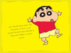 Rule 34 | 1boy, black hair, child, crayon shin-chan, english text, male focus, nohara shinnosuke, open mouth, outstretched arms, poop, shorts, solo, thick eyebrows