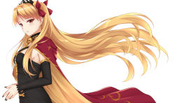 Rule 34 | 1girl, bad id, bad pixiv id, black dress, black nails, black sleeves, blonde hair, blurry, blurry foreground, bow, cape, detached sleeves, diadem, dress, earrings, ereshkigal (fate), fate (series), floating hair, from side, hair bow, highres, jewelry, long hair, long sleeves, nail polish, petals, print cape, red bow, red cape, red eyes, rko (a470350510), sleeveless, sleeveless dress, solo, standing, striped clothes, striped dress, twintails, very long hair, white background