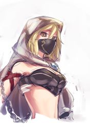 Rule 34 | 10s, 1girl, absurdres, bare shoulders, blonde hair, breasts, brown eyes, chain, chaos ruler (granblue fantasy), cleavage, cloak, djeeta (granblue fantasy), emoshon, empty eyes, facial mask, gas mask, granblue fantasy, hair between eyes, highres, hood, hooded cloak, mask, medium breasts, midriff, mouth mask, short hair, simple background, solo, white background