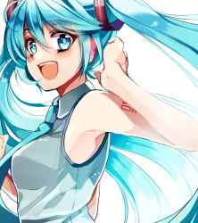 Rule 34 | 1girl, :d, aqua eyes, aqua hair, armpits, bare shoulders, hatsune miku, kurabayashi, long hair, looking at viewer, necktie, open mouth, simple background, smile, solo, twintails, vocaloid, white background