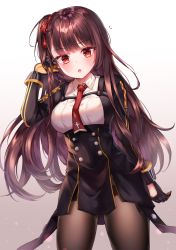 Rule 34 | 1girl, :o, absurdres, bad id, bad pixiv id, black pantyhose, black skirt, blazer, blush, breasts, brown hair, framed breasts, girls&#039; frontline, gloves, hair ribbon, hand up, high-waist skirt, highres, jacket, long hair, looking at viewer, medium breasts, necktie, one side up, open mouth, pantyhose, red eyes, red necktie, ribbon, shirt, skirt, solo, very long hair, wa2000 (girls&#039; frontline), yam (dr yammy)