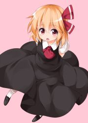 Rule 34 | 1girl, ascot, bad id, bad twitter id, black dress, black skirt, blonde hair, child, collared shirt, dress, long skirt, open mouth, pink background, red eyes, ribbon, rumia, ruu (tksymkw), shirt, short hair, short sleeves, simple background, skirt, solo, touhou