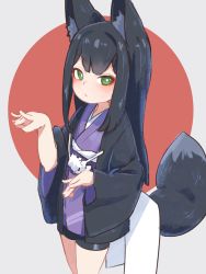 Rule 34 | 1girl, animal ear fluff, animal ears, bike shorts, black hair, black shorts, closed mouth, commentary request, fox ears, fox girl, fox tail, green eyes, grey background, highres, japanese clothes, kimono, kuro kosyou, long hair, long sleeves, looking at viewer, obi, open clothes, original, procreate (medium), purple kimono, red background, sash, short kimono, short shorts, shorts, solo, tail, two-tone background, very long hair, wide sleeves, yui (kuro kosyou)